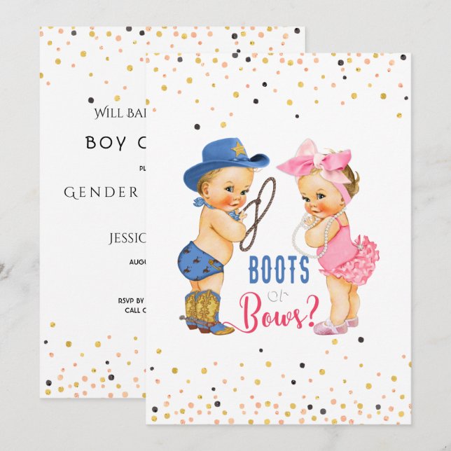 Invitation Bébé mignon Bottes Ou Bows Révéler Le Sexe (Devant / Derrière)