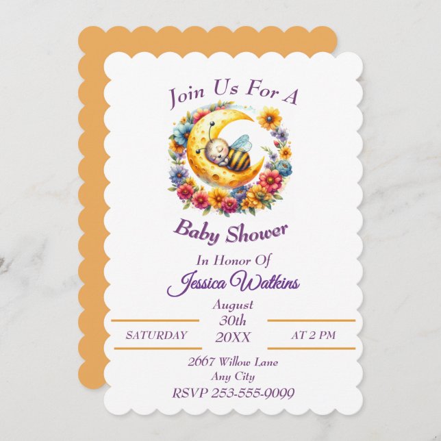 Invitation Bébé mignon Bumble Bee Dormir sur une demi-lune (Devant / Derrière)