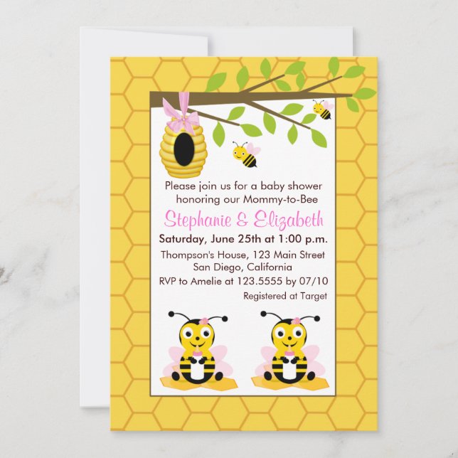 Invitation Bébé mignon Bumblebee Baby shower Twin Gir (Devant)