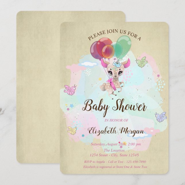Invitation Bébé mignon Cher, Ballons, Baby shower papillon (Devant / Derrière)
