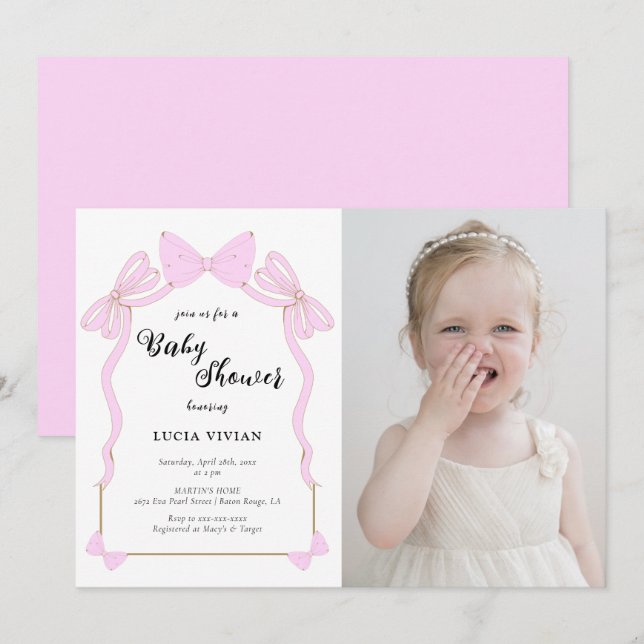 Invitation Bébé mignon Coquette rose Baby shower photo Bow (Devant / Derrière)