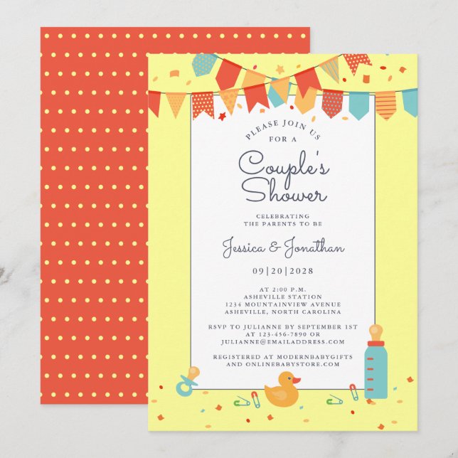 Invitation Bébé mignon Couples Douche Jaune Rouge Turquoise B (Devant / Derrière)