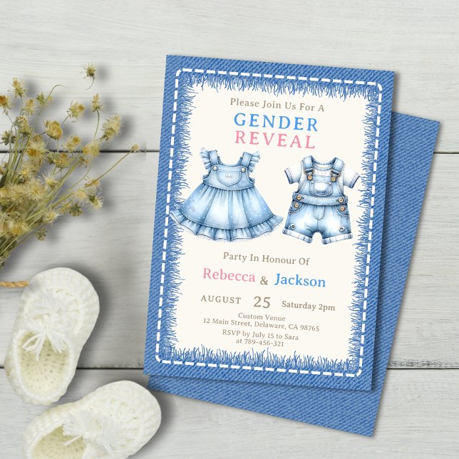 Invitation Bébé mignon Denim Robe & Dungarees Genre Révélatio (Cute Baby Denim Dress & Dungarees Gender Reveal Invitation)