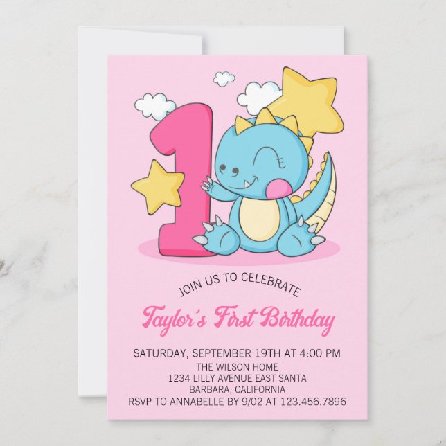 Invitation Bébé mignon Dinosaur 1er Anniversaire Fête Invitat (Devant)