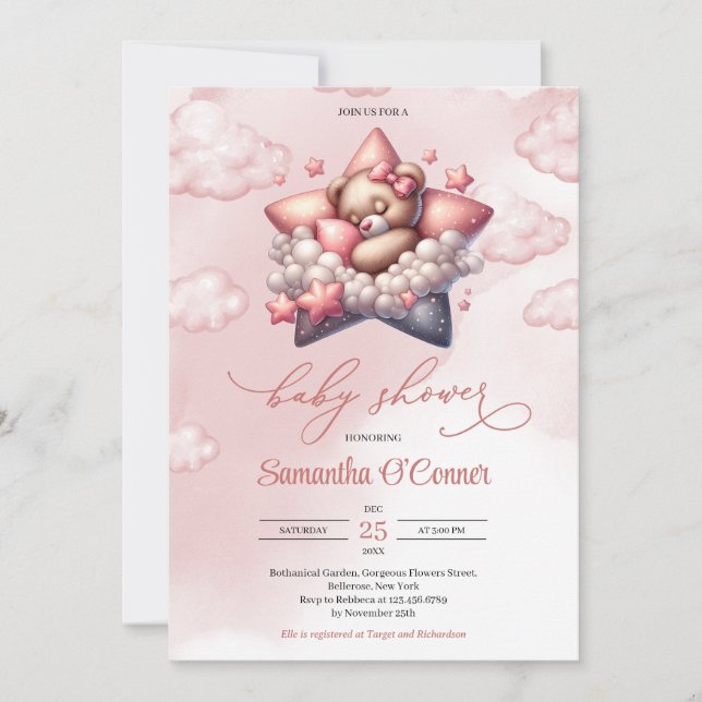 Invitation Bébé mignon dormant sur le Baby shower nuageux éto (Devant)