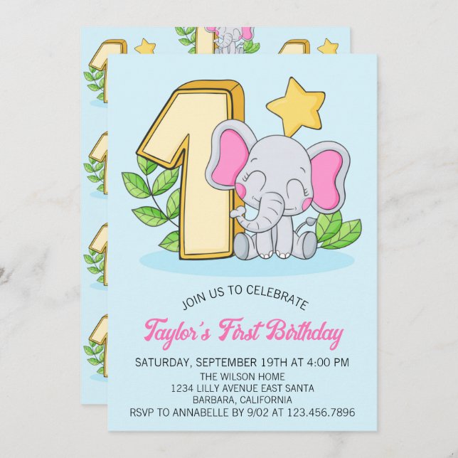Invitation Bébé mignon éléphant 1er Anniversaire Fête Invitat (Devant / Derrière)