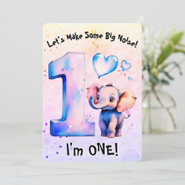 Invitation Bébé mignon Eléphant 1er anniversaire filles Coeur (Debout devant)