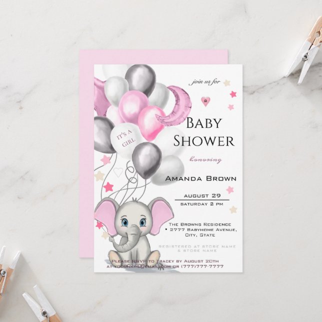 Invitation Bébé mignon éléphant avec ballons Baby shower fill (Devant/Arrière en situation)