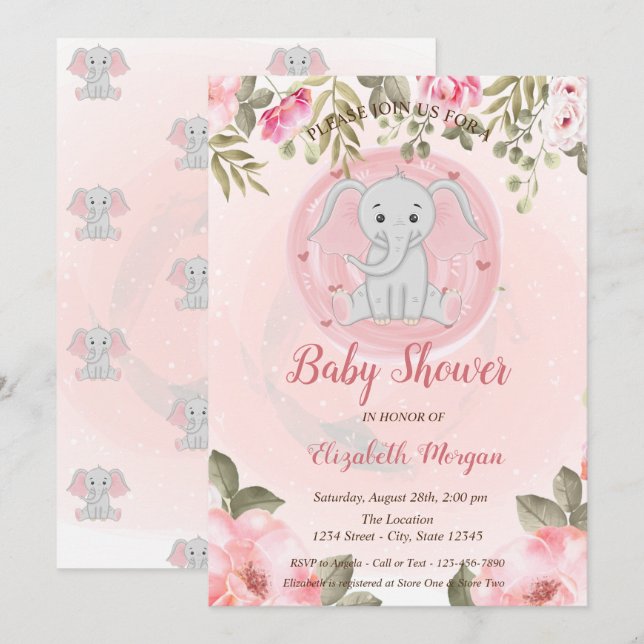 Invitation Bébé mignon Eléphant, Baby shower Floral (Devant / Derrière)