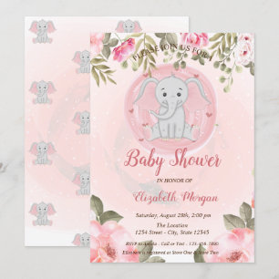 Invitation Bébé mignon Eléphant, Baby shower Floral