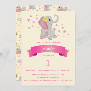 Invitation Bébé mignon Eléphant Floral Première fête d'annive