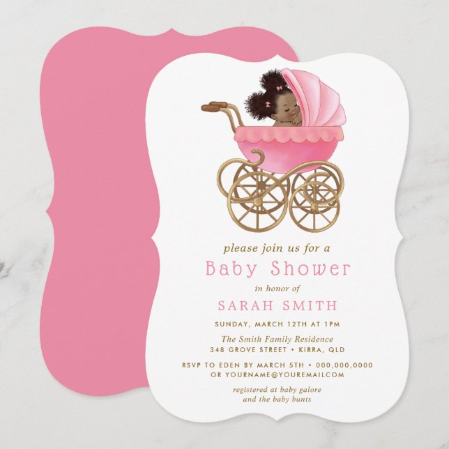 Invitation Bébé mignon en poussette Pram Baby shower rose (Devant / Derrière)