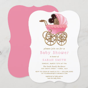 Invitation Bébé mignon en poussette Pram Baby shower rose