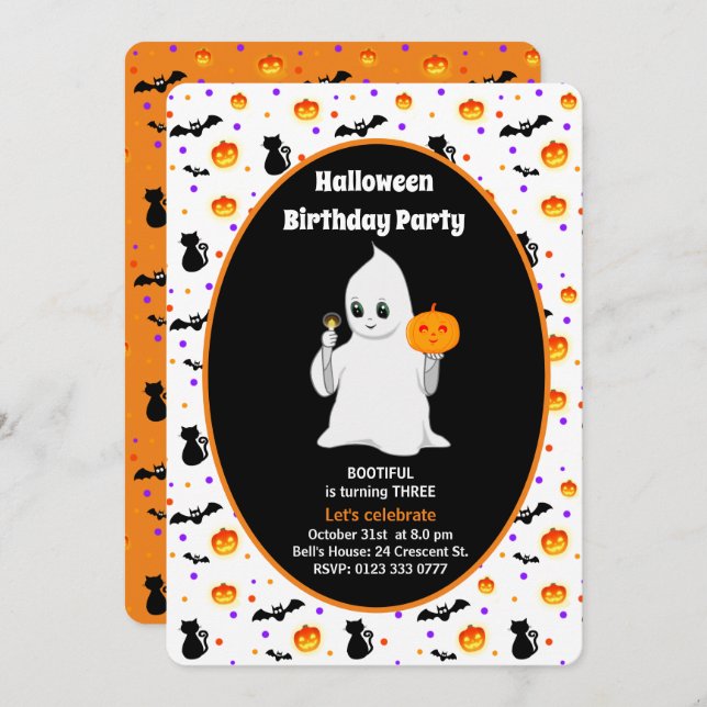 Invitation Bébé mignon fantôme Halloween Anniversaire Invitat (Devant / Derrière)