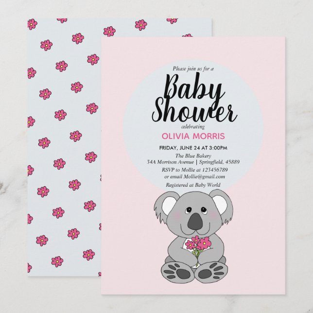 Invitation Bébé mignon fille Koala ours nom du dessin Baby sh (Devant / Derrière)