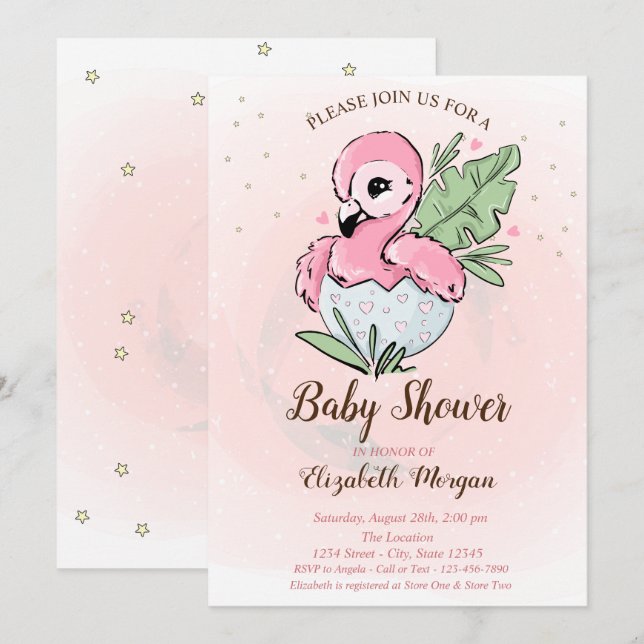 Invitation Bébé mignon Flamant rose rose Étoiles Baby shower (Devant / Derrière)