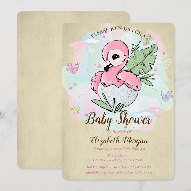 Invitation Bébé mignon Flamant rose rose Papillons Baby showe (Devant / Derrière)