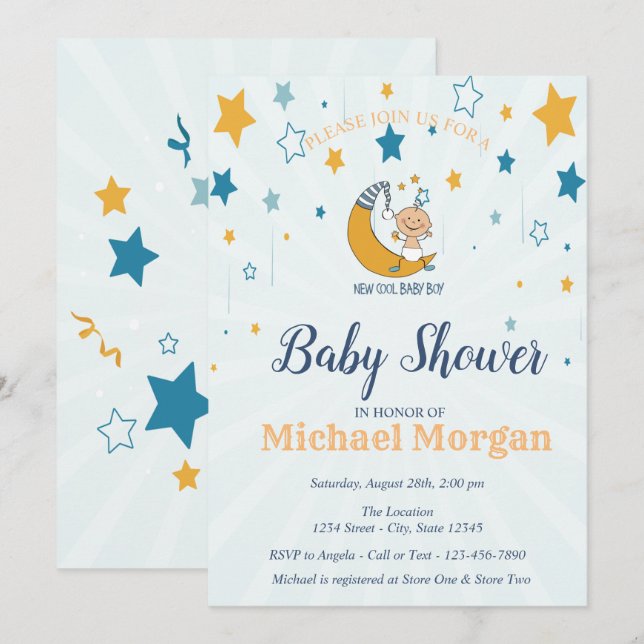 Invitation Bébé mignon garçon, Baby shower d'étoiles (Devant / Derrière)