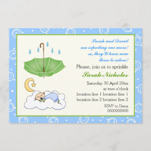 Invitation Bébé mignon garçon dormant saupoudrer bleu et vert