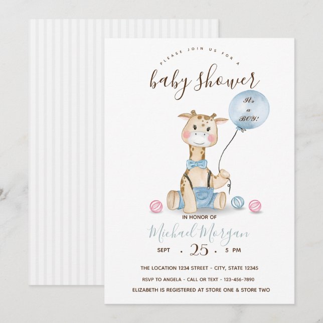 Invitation Bébé mignon Giraffe Ballons Baby shower dans (Devant / Derrière)