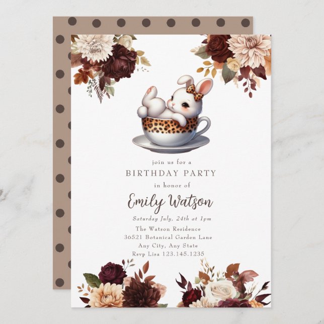 Invitation Bébé mignon lapin | Anniversaire Tea Party (Devant / Derrière)