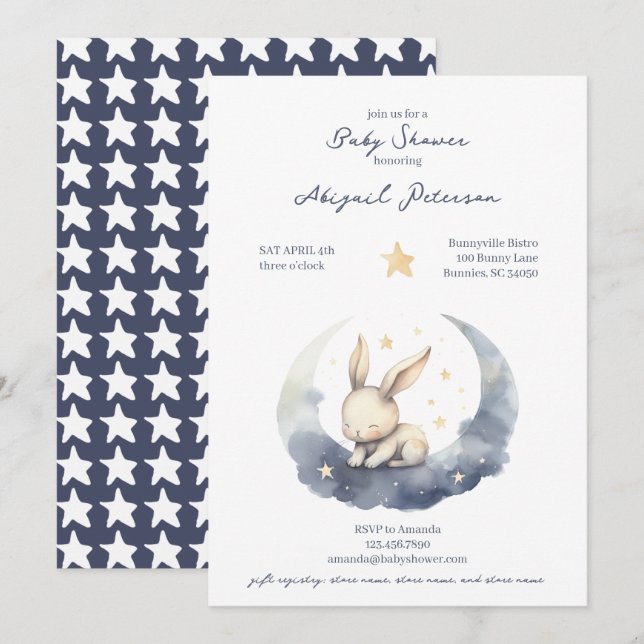 Invitation Bébé mignon lapin sur une lune avec Baby shower ét (Devant / Derrière)