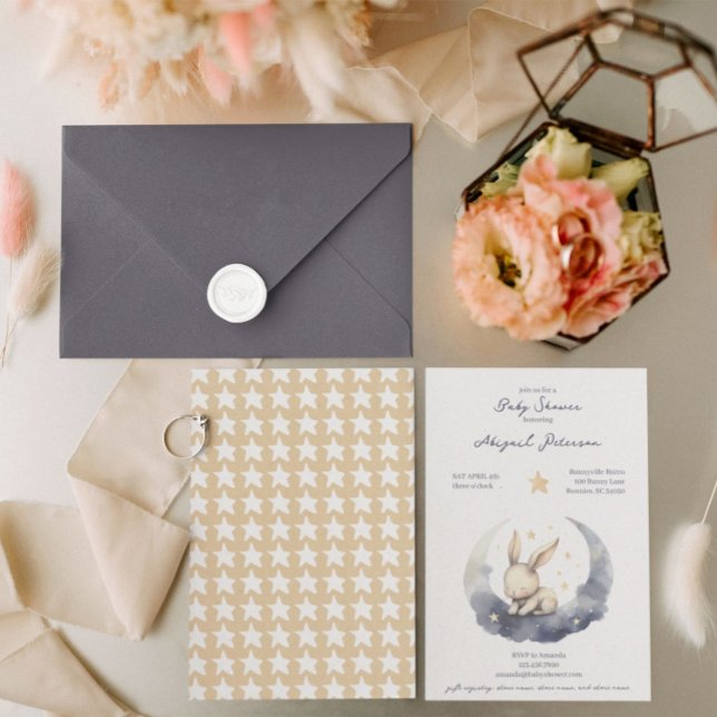 Invitation Bébé mignon lapin sur une lune avec Baby shower ét (Créateur téléchargé)