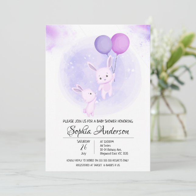 Invitation Bébé mignon lapins avec Baby shower de fille de ba (Debout devant)