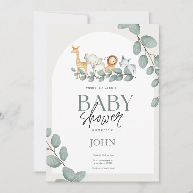 Invitation Bébé mignon moderne animaux Safari thème bébé garç (Devant)