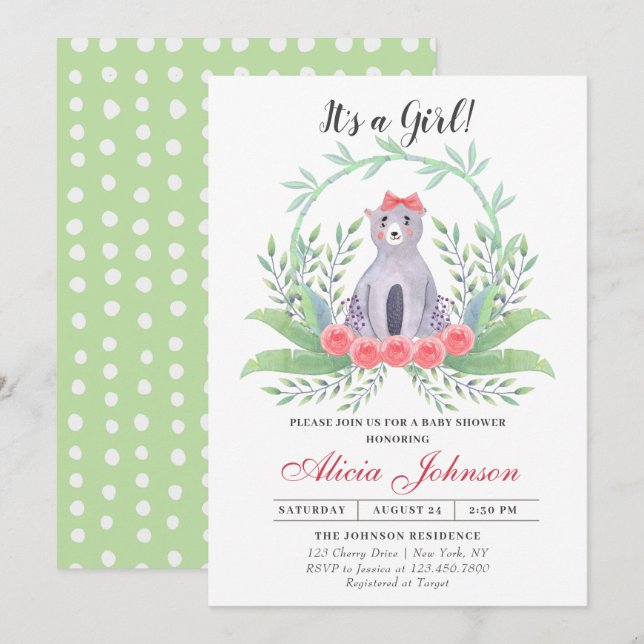 Invitation Bébé mignon ours Baby shower fille (Devant / Derrière)