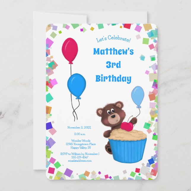 Invitation Bébé mignon ours Cupcake Blue Balloon Anniversaire (Devant)
