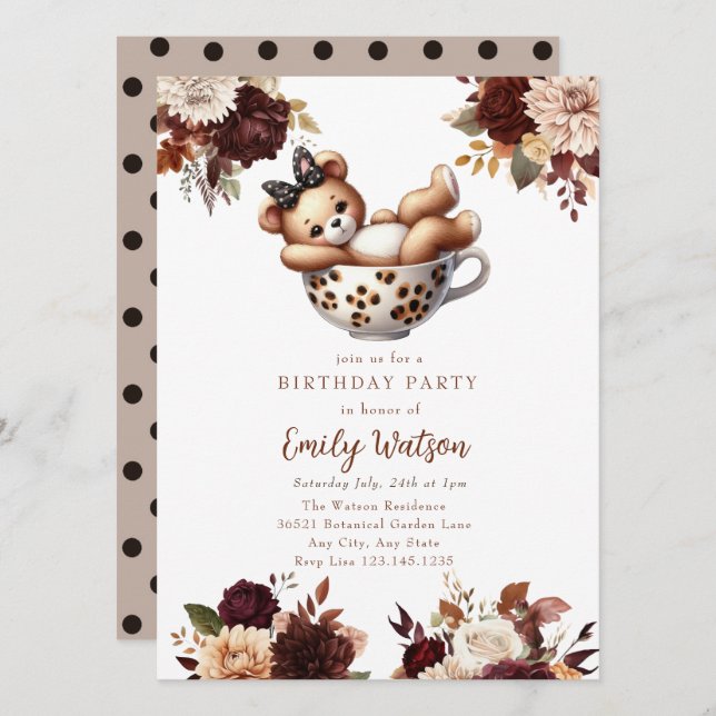 Invitation Bébé mignon Ours en peluche | Anniversaire Tea Par (Devant / Derrière)