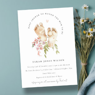 Invitation Bébé mignon Pieds Blush Rose Floral Baby shower fi