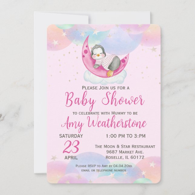 Invitation Bébé mignon Pingouin Baby shower rose (Devant)