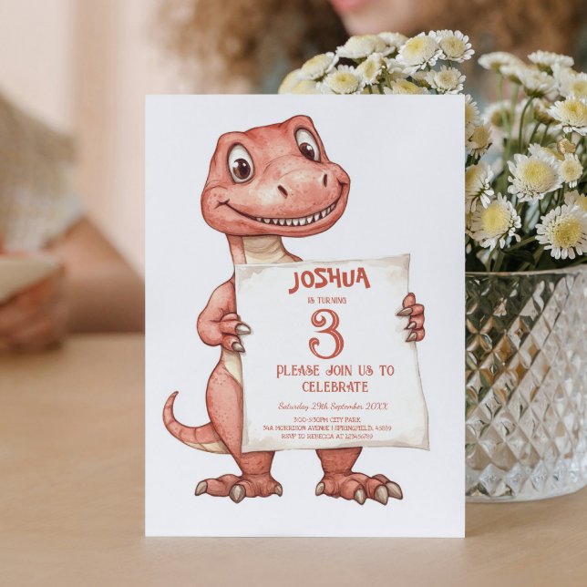 Invitation Bébé mignon Red Dinosaur Anniversaire de enfant Pa (Créateur téléchargé)