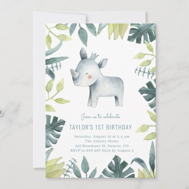Invitation Bébé mignon Rhinoceros Tropical Jungle Anniversair (Devant)