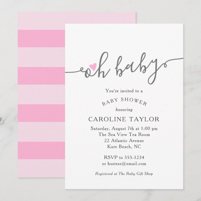 Invitation Bébé mignon rose Coeur Baby shower fille (Devant / Derrière)