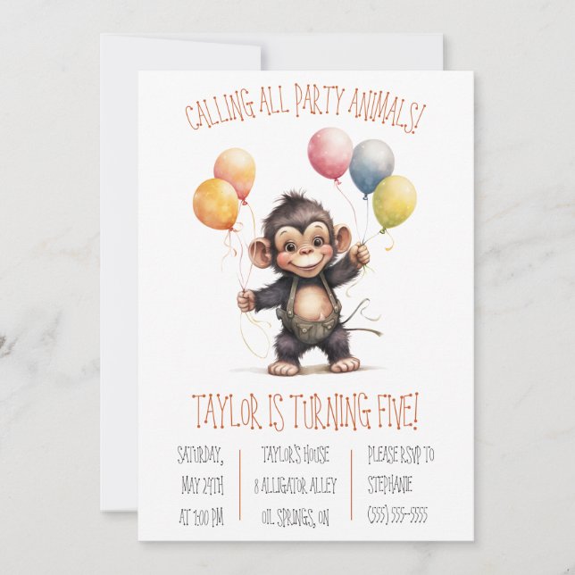 Invitation Bébé mignon singe avec ballons fête d'anniversaire (Devant)