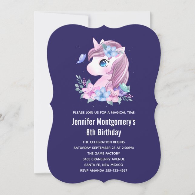 Invitation Bébé mignon Unicorn Aquarelle magique Anniversaire (Devant)