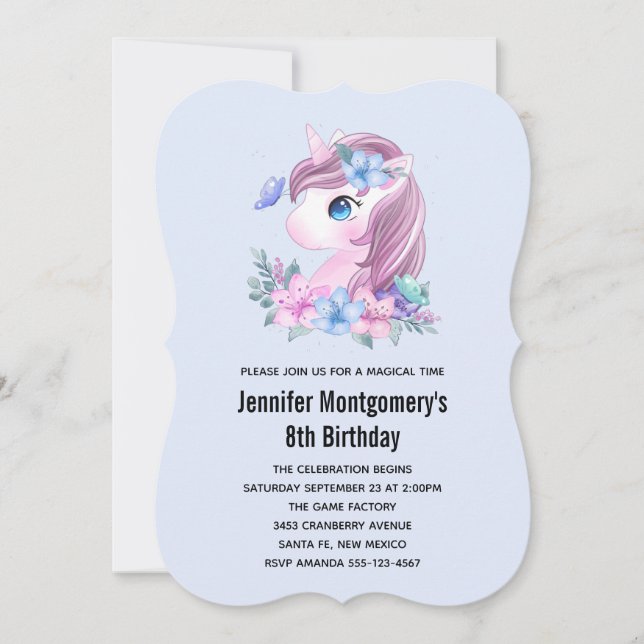Invitation Bébé mignon Unicorn Aquarelle magique Anniversaire (Devant)