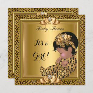 Invitation Bébé mignonne Baby shower fille Leopard Gold