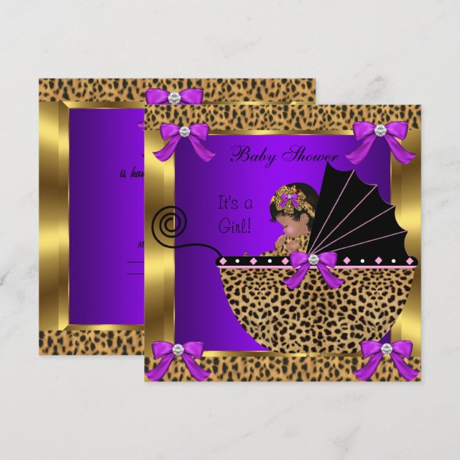 Invitation Bébé mignonne Baby shower fille Leopard Purple Gol (Devant / Derrière)