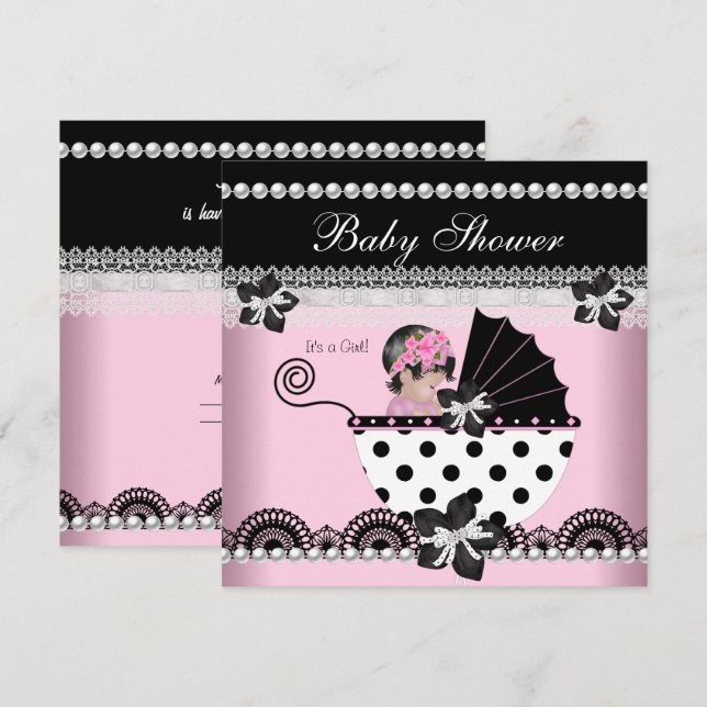 Invitation Bébé mignonne Baby shower fille rose perle noire (Devant / Derrière)