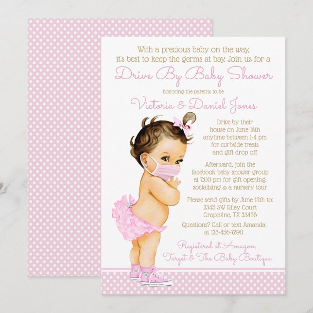 Invitation Bébé mignonne Fille Avec Masque Drive Par Baby sho (Devant / Derrière)