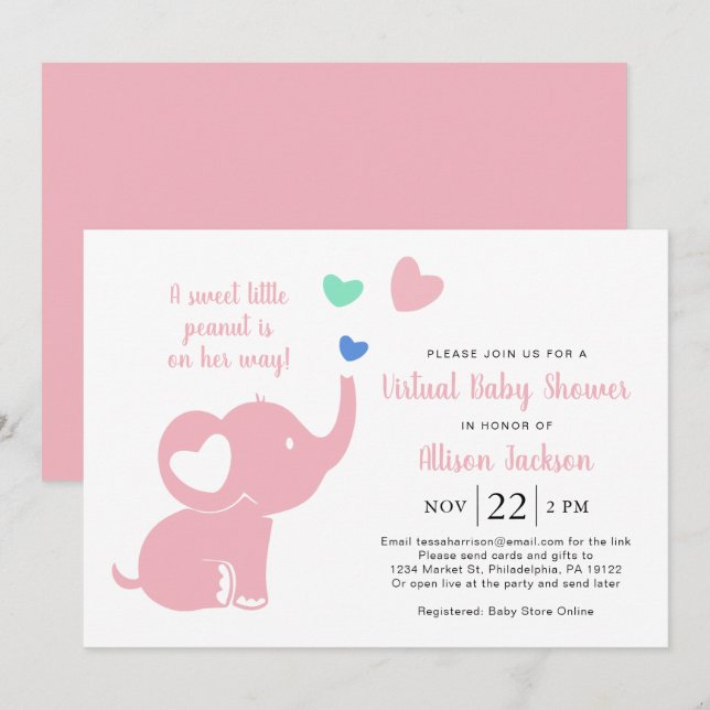 Invitation Bébé mignonne fille Douche virtuelle Éléphant rose (Devant / Derrière)