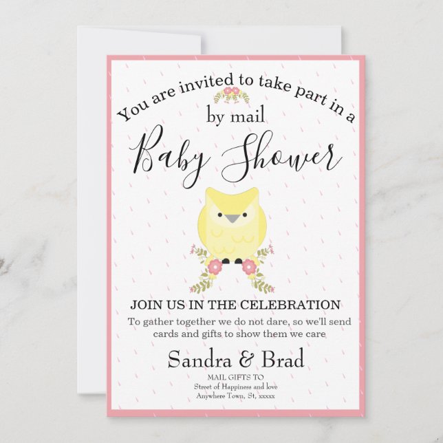 Invitation Bébé mignonne fille hibou jaune Baby shower modern (Devant)