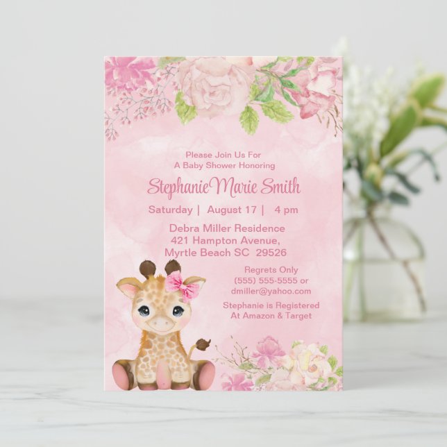Invitation Bébé mignonne Giraffe Baby shower floral rose rose (Debout devant)