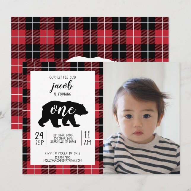 Invitation Bébé Motif de flanelle mignonne Plaid Photo 1er an (Devant / Derrière)