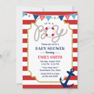 Invitation Bébé Nautique Boy Douche Marine Ancre Red Stripes