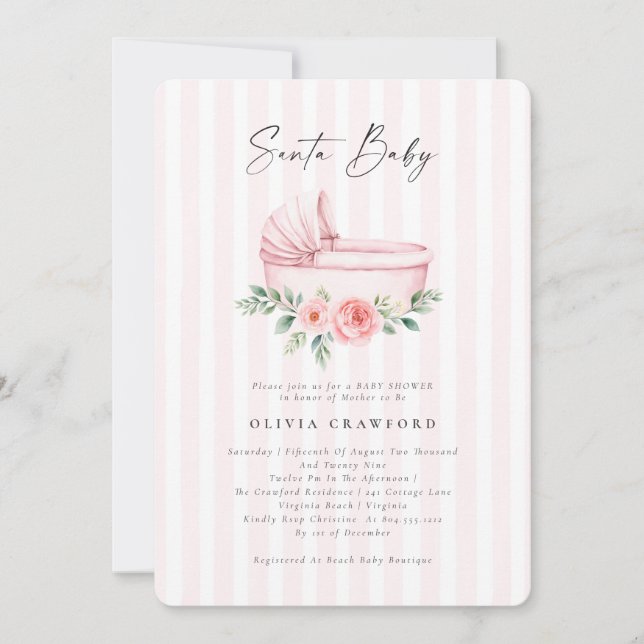 Invitation Bébé Noël au rose aquarelle Fête Prénatale Bébé No (Devant)